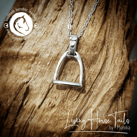 Load image into Gallery viewer, Living Horse Tails Sterling silver stirrup iron necklace Custom jewellery Monika Australia horsehair keepsake
