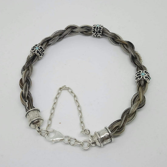 Living Horse Tails Sterling Silver Swarovsky 4 Strand Round Horsehair Braided Bracelet with silver chain Custom jewellery Monika Australia horsehair keepsake