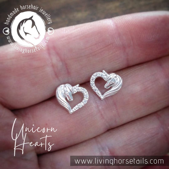 Living Horse Tails Sterling Silver Unicorn Heart Earrings Custom jewellery Monika Australia horsehair keepsake