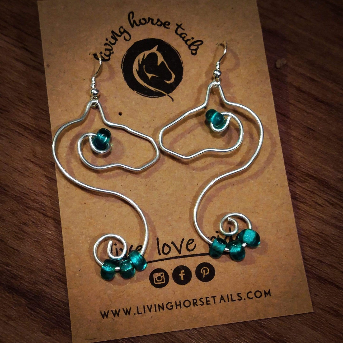 Sterling Silver Wire Horse Earrings - Handmade with glass beads Made to Order Stock as pictured Teal beads Living Horse Tails Handmade Jewellery Custom Horse Hair Keepsakes Australia