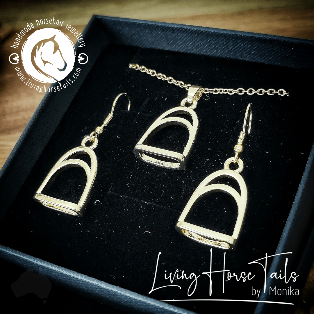Load image into Gallery viewer, Living Horse Tails Stirrup Earrings and Necklace - Gold Custom jewellery Monika Australia horsehair keepsake
