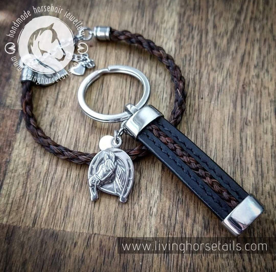 Load image into Gallery viewer, Stitched Leather and Stainless Steel Horsehair Keyring Fob with charm Key Chain Clip As pictured. Grey Stock hair Living Horse Tails Handmade Jewellery Custom Horse Hair Keepsakes Australia
