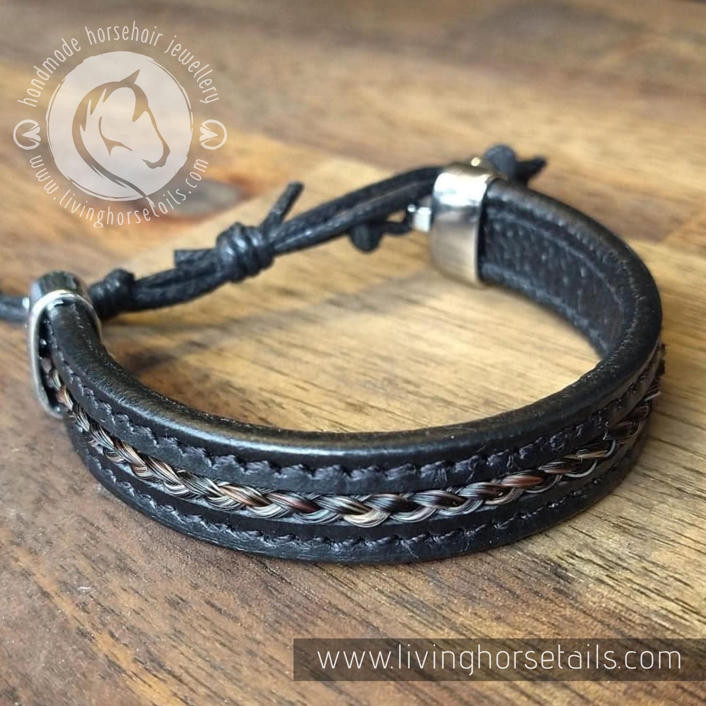 Living Horse Tails Stitched leather stainless steel horsehair unisex men's adjustable bracelet | Style 1 Custom jewellery Monika Australia horsehair keepsake