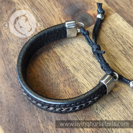 Living Horse Tails Stitched leather stainless steel horsehair unisex men's adjustable bracelet | Style 1 Custom jewellery Monika Australia horsehair keepsake