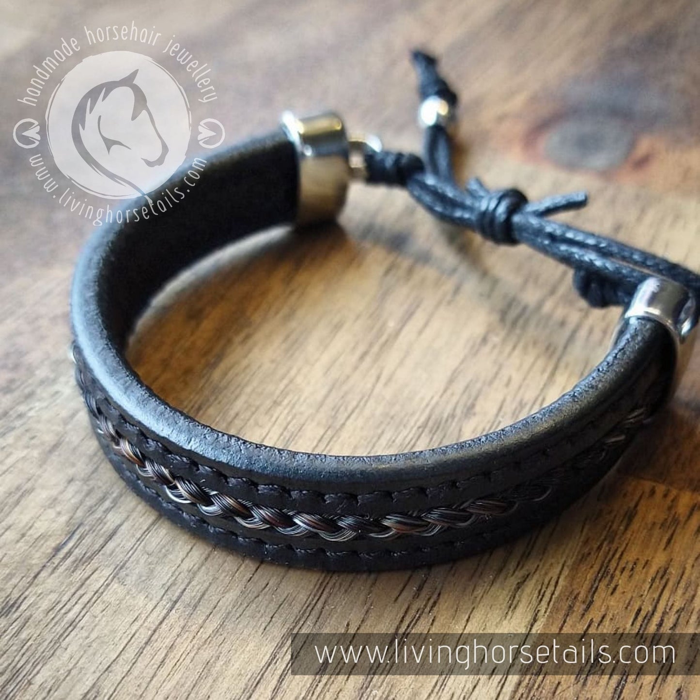 Living Horse Tails Stitched leather stainless steel horsehair unisex men's adjustable bracelet | Style 1 Custom jewellery Monika Australia horsehair keepsake