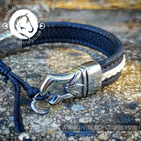 Stitched leather stainless steel horsehair unisex men's adjustable bracelet | Style 2 clasp close up
