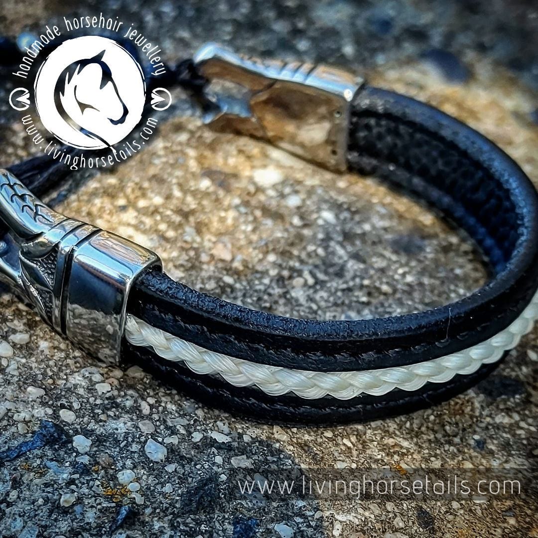 Living Horse Tails Stitched leather stainless steel horsehair unisex men's adjustable bracelet | Style 2 Custom jewellery Monika Australia horsehair keepsake