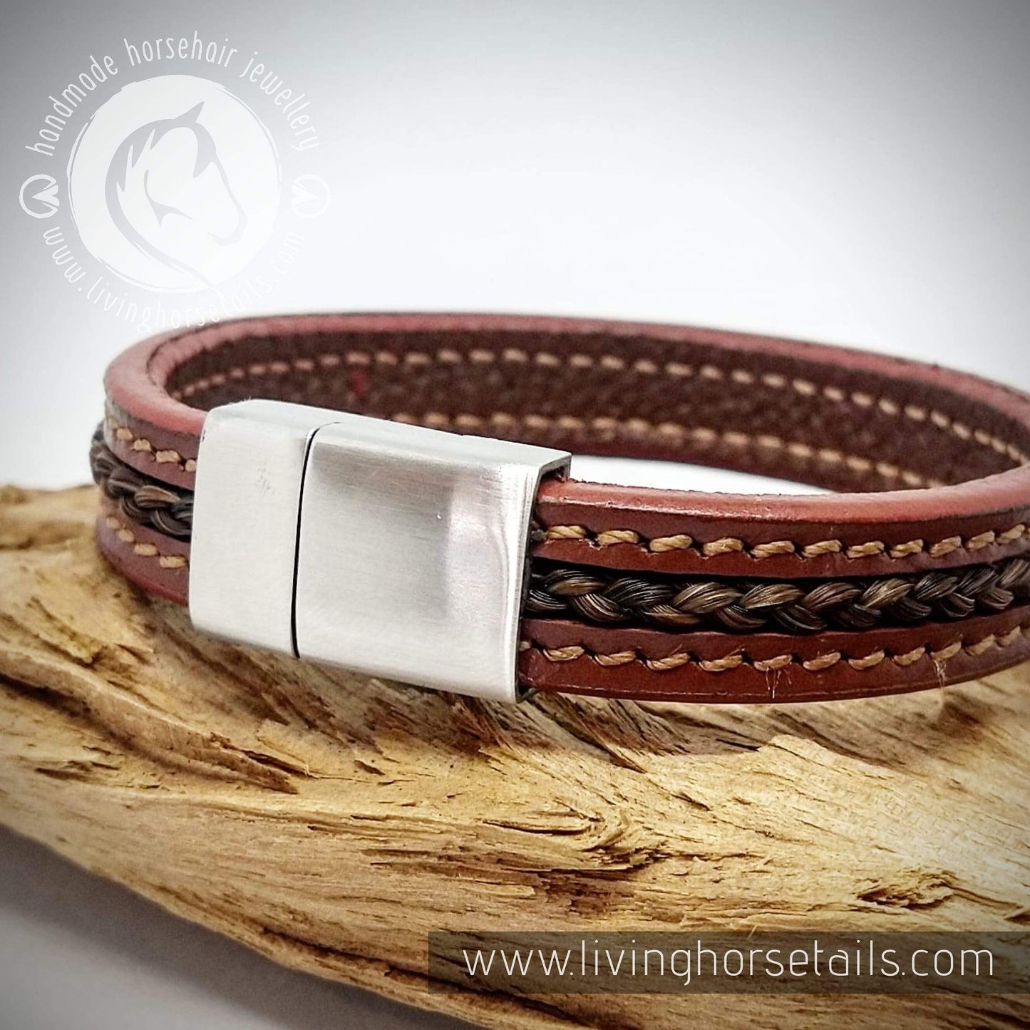 Living Horse Tails Stitched tan leather stainless steel horsehair unisex mens bracelet Custom jewellery Monika Australia horsehair keepsake