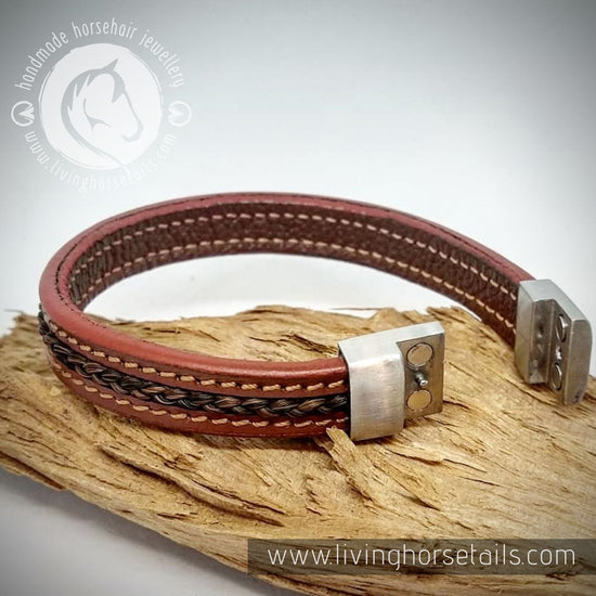 Living Horse Tails Stitched tan leather stainless steel horsehair unisex mens bracelet Custom jewellery Monika Australia horsehair keepsake