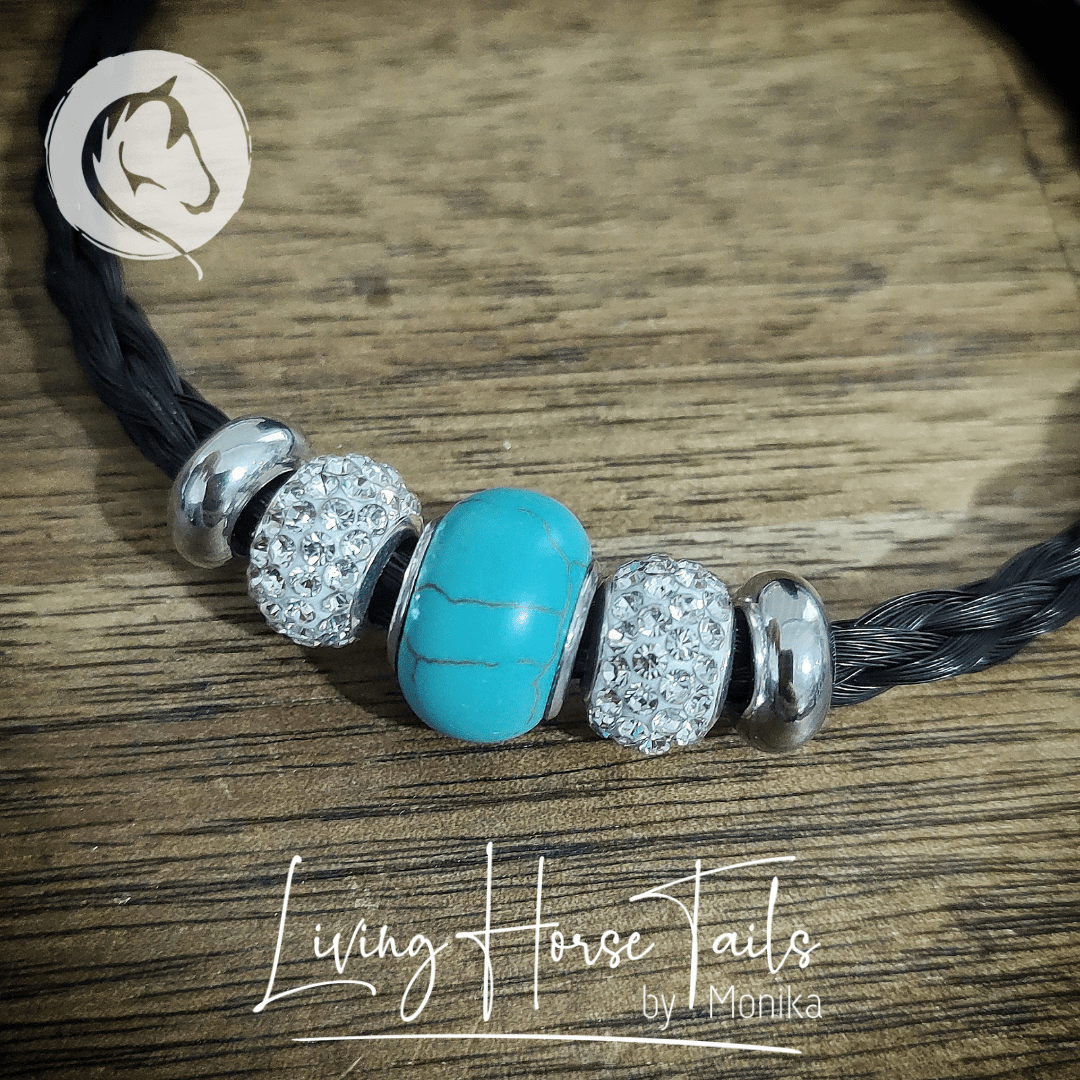 Living Horse Tails Turquoise Look and Stainless Steel Horsehair Bracelet Custom jewellery Monika Australia horsehair keepsake