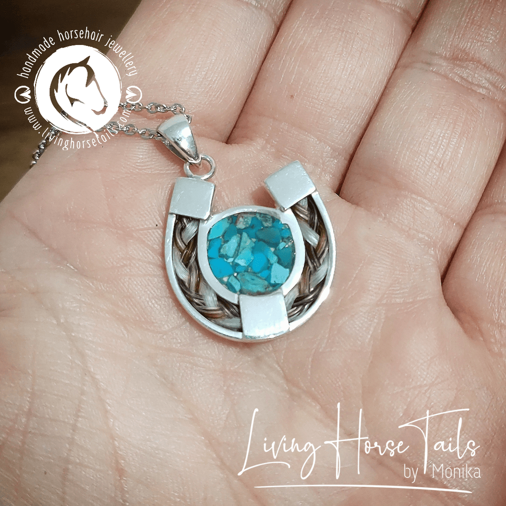 Turquoise Sterling Silver Horseshoe Pendant inlaid with Horse Hair Bra Living Horse Tails Jewellery by Monika
