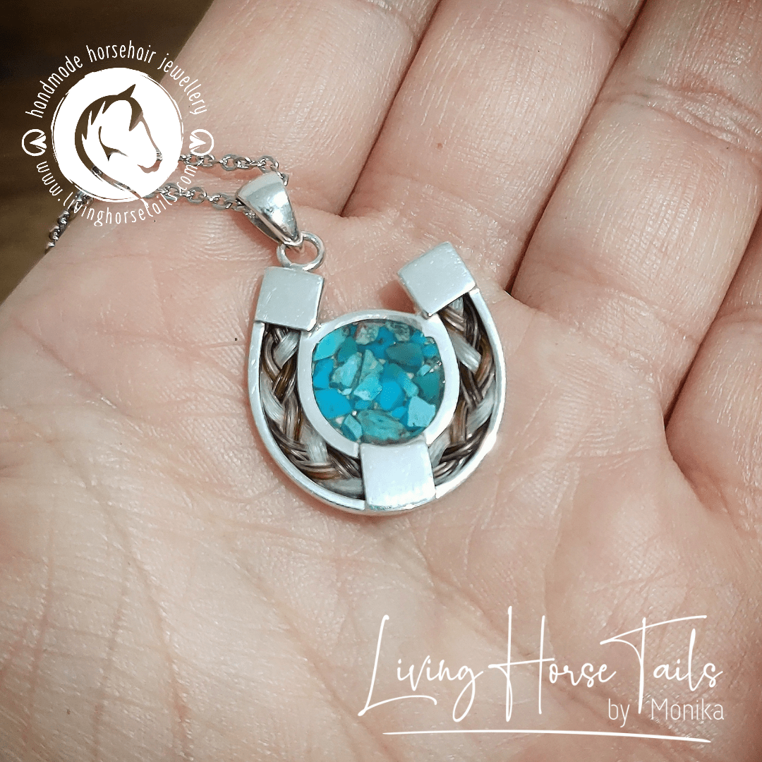 Load image into Gallery viewer, Living Horse Tails Turquoise Sterling Silver Horseshoe Pendant inlaid with Horse Hair Braid Custom jewellery Monika Australia horsehair keepsake

