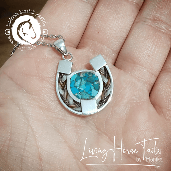 Load image into Gallery viewer, Living Horse Tails Turquoise Sterling Silver Horseshoe Pendant inlaid with Horse Hair Braid Custom jewellery Monika Australia horsehair keepsake
