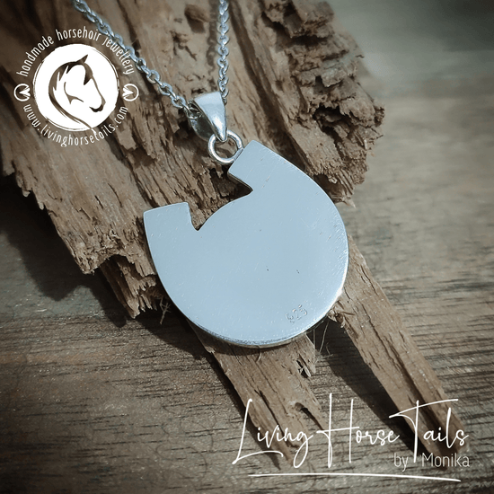 Living Horse Tails Turquoise Sterling Silver Horseshoe Pendant inlaid with Horse Hair Braid Custom jewellery Monika Australia horsehair keepsake