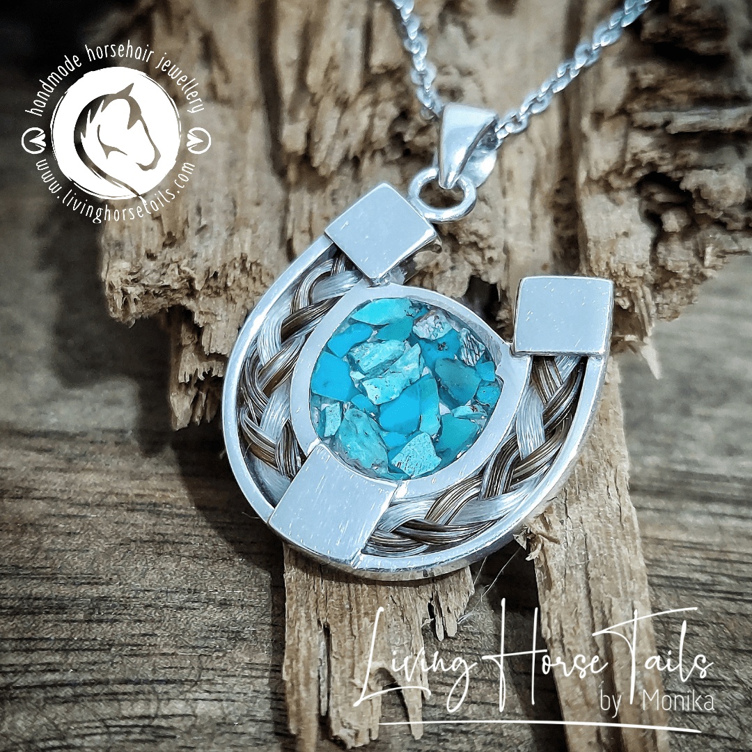 Living Horse Tails Turquoise Sterling Silver Horseshoe Pendant inlaid with Horse Hair Braid Custom jewellery Monika Australia horsehair keepsake