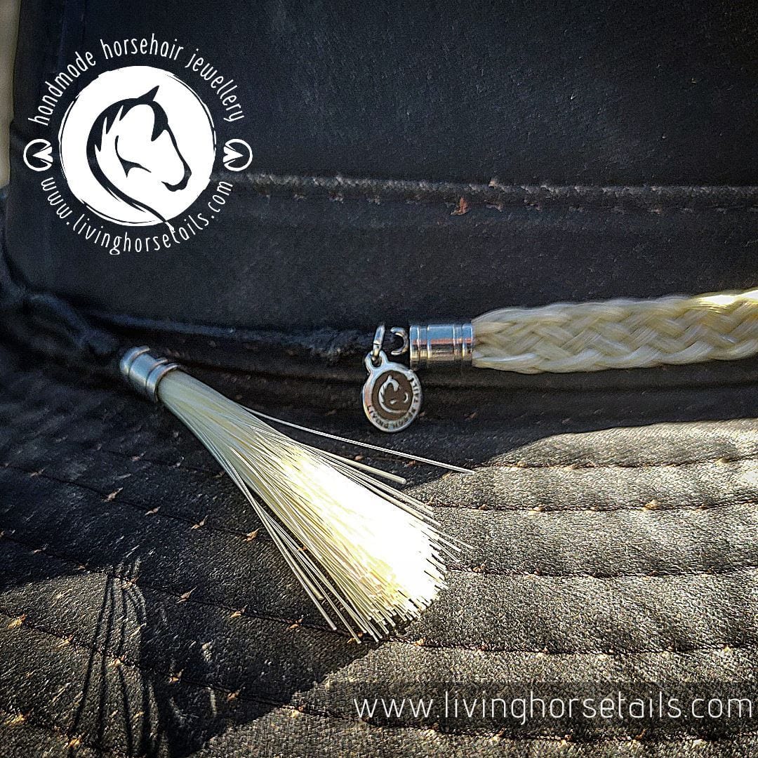 Load image into Gallery viewer, Wide Horsehair Braided Hatband with Tassles and Adjustable Waxed Cord Slider Living Horse Tails Handmade Jewellery Custom Horse Hair Keepsakes Australia close up
