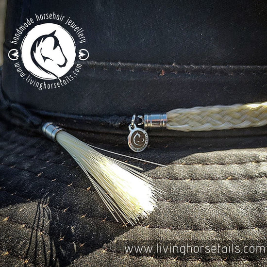 Wide Horsehair Braided Hatband with Tassles and Adjustable Waxed Cord Slider Living Horse Tails Handmade Jewellery Custom Horse Hair Keepsakes Australia close up